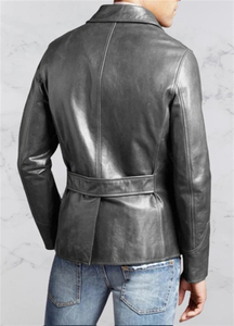 Men Black Leather Jacket Single Breasted Notched Collar Regular Fit Full Length Sleeve Windproof American Style Coat - Product Image 2