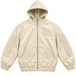 Veste à capuche en similicuir personnalisée pour homme avec logos en relief, fermeture éclair intégrale, style streetwear - Product Image 3