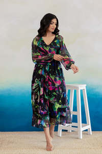 Vestido Midi de Gasa con Estampado Floral, Cuello en V, Manga con Volantes, Corte en A, Holgado, Estilo Boho, Casual de Verano para Mujer, Prenda Elegante - Product Image 3