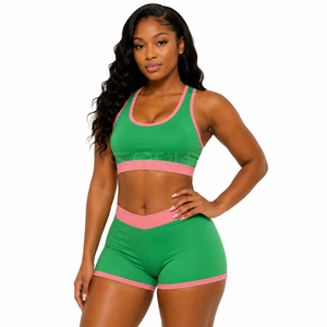 Conjunto Deportivo Personalizado para Mujer, Top Deportivo y Pantalones Cortos, Color Verde Rosa, Ropa Deportiva para Gimnasio, Yoga, 2 Piezas, OEM ODM - Product Image 3