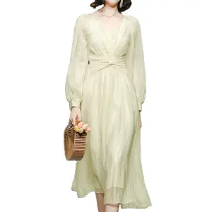 Wholesales Vietnam elegant woman creamy dress long sleeve new collection for summer autumn
