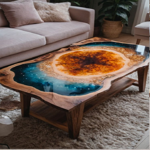 Table basse en résine Pebble and Blue River avec structure en bois massif et finition brillante pour la décoration intérieure, disponible au prix de gros - Product Image 6