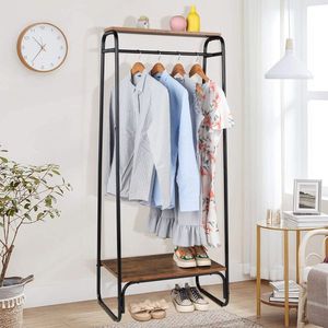 Black Freestanding Metal <b>Clothes</b> <b>Rack</b> with Wood Shelf Sturdy Garment <b>Rack</b> Modern & Stylish Black Clothing <b>Rack</b> - Product Image 1