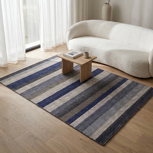 Midnight Strata Navy Blue <b>Grey</b> Hand Tufted Eco-Friendly Non-Slip Thick Wool <b>Rug</b> Modern Horizontal Striped Area Carpet for <b>Living</b> - Product Image 3