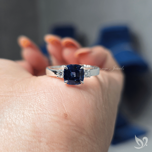 Royal Blue Cushion Sapphire Three Stone Ring 2.20 Ct Engagement Ring Lab Grown Blue Sapphire White Gold Ring - Product Image 5