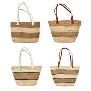 SAVANNAH Two-Tone Striped <b>Straw</b> Zipper Closure Cotton Lining Market Tote <b>Bag</b> - Product Image 1