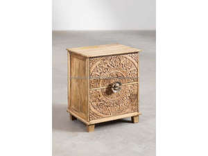 Mesa de Noche Moderna de Madera de Mango Tallada a Mano con 2 Cajones |   Mesa de Noche de Madera Maciza |   Mesa Auxiliar Decorativa para Dormitorio - Product Image 6