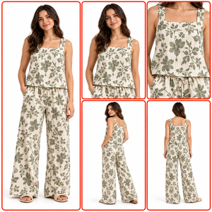 Conjunto de Salón para Mujer al por Mayor con Estampado Floral de Primavera, Top sin Mangas, Pantalones de Pierna Ancha, Cintura Elástica, Tela de Rayón, Personalizado OEM/ODM - Product Image 6