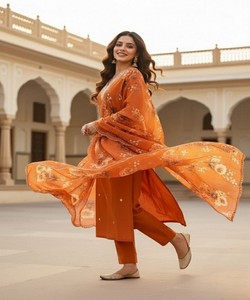 Conjunto de Kurta de Rayón Naranja con Dupatta para Mujer, Ropa Tradicional Étnica de India y Pakistán, Largo hasta el Tobillo 85900 SAHAJANAND- SI:-376 - Product Image 3