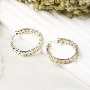 Wholesale 925 <b>Sterling</b> <b>Silver</b> Natural Round Cabochon Opal Prong Open <b>Hoop</b> Earrings Memoria Jewels - Product Image 4