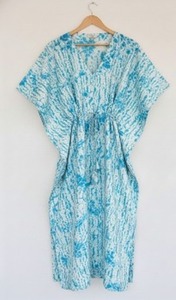 Vestido Kaftán Maxi Corto Tradicional para Mujer, Verano, Ecológico, Hecho a Mano, Cuello en V, Manga Larga, Corte Holgado, Algodón Tie Dye Voile - Product Image 2