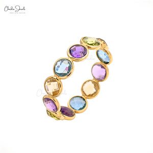 Anillo de compromiso de 3.31 CTW con múltiples gemas, oro amarillo macizo de 14K, engaste de bisel, banda apilable, anillo delicado de zafiro, lote de joyería nupcial - Product Image 1