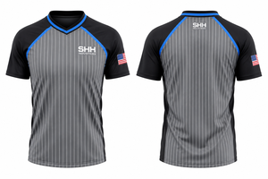 Camiseta de Árbitro Personalizada con Rayas Grises y Negras, Ribete Azul, Cuello en V, Manga Corta, Uniforme de Baloncesto para Oficiales - Product Image 4