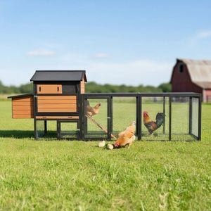 Gallinero de madera impermeable marrón y negro, grande, para exterior, con corral, nido y jaula para conejos y animales. - Product Image 1