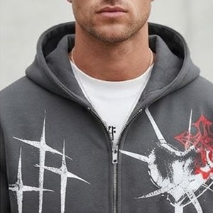 Nouveau sweat à capuche gris pour homme avec imprimé graphique blanc et rouge, style streetwear, coupe classique, en coton French Terry, pour l'automne - Product Image 5