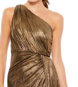 <b>Gold</b> One Shoulder Metallic Sequined Pleated Mermaid Evening <b>Dress</b> with Side Slit Chapel Train Anti-Wrinkle - Product Image 4