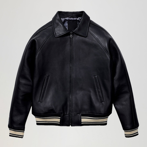 Men's Red Cow <b>Leather</b> Bomber <b>Jacket</b> Turn-down Collar Zipper Closure Regular Sleeve Solid Color Autumn Biker Style - Product Image 4