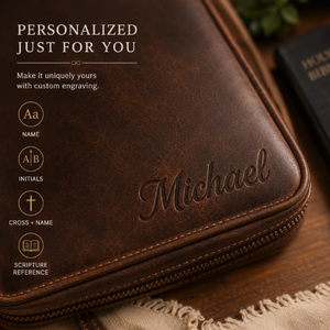 Personalized Leather Bible Cover Zippered Study Organizer Case Custom Name Genuine Leather Bible <b>Sleeve</b> with Handle - Product Image 2