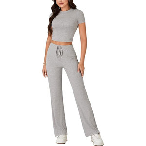 <b>Top</b> Quality Fashionable Trending Products New Arrivals Women Drop Shoulder Solid Crop <b>Top</b> & Track Shorts 2 Piece Short Set - Product Image 2