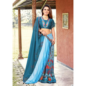 Sari en tissu Georgette couleur Morpeach avec imprimé bleu - Product Image 1