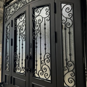 Royal Luxury Traditional Wrought Iron Water Resistant Entry Door Geometric Glass Panels Arched Design <b>Swing</b> Style Exterior Door - Product Image 3