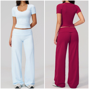 Ensemble de sport OEM en gros pour femmes : T-shirt de gym brossé à manches courtes et taille haute, et pantalon de survêtement ajusté pour l'entraînement en extérieur - Product Image 4