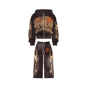 Streetwear d'hiver unisexe 100% coton, pantalon évasé en éponge française, sweat à capuche déchiré, survêtement imprimé respirant - Product Image 4