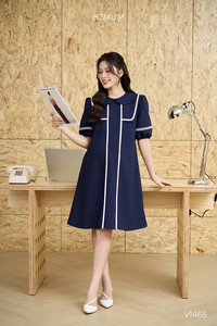 Robe de bureau bleu anthracite V1465 avec col lotus, manches bouffantes, tissu sergé doux et absorbant la transpiration, prix de gros - Product Image 2