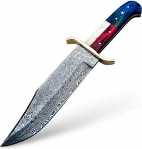 Couteau de camping extérieur en acier Damas fait main personnalisé, manche en résine rouge, blanc et bleu patriotique, garde en laiton, lame fixe - Product Image 4