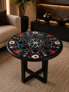 Table à manger ronde en marbre noir de luxe avec incrustations, table centrale en pierre semi-précieuse faite à la main pour hôtel, villa, décoration intérieure - Product Image 1