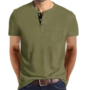 Men's <b>Olive</b> <b>Green</b> Short Sleeve Henley <b>T</b>-<b>Shirt</b> Regular Fit Casual 100% Cotton Knitted Solid Color Breathable Design Front - Product Image 1