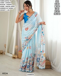 Sari en chinon bleu clair pour femme Charita avec imprimé numérique et blouse à découpes miroir pour usage quotidien S5232 - Product Image 1