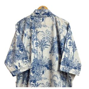 Bata Kimono de Algodón 100% para Mujer, Cuello en V, Estampado Toile Azul, Ligera, para Spa, Baño o Verano - Product Image 3