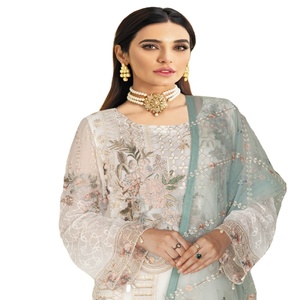 Ramsha Nayab ชุดซาริผ้าชิฟฟ่อน3ชิ้นหรูหราตราปากีสถานชุดทางการดั้งเดิมชุดเดรสสำหรับงานปาร์ตี้เย็บเครื่องประดับสำหรับผู้หญิง - Product Image 1