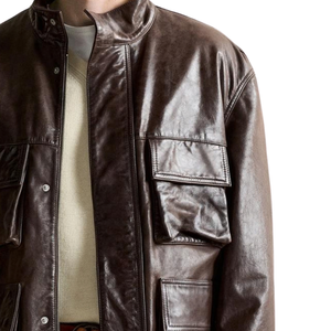Blouson utilitaire homme en cuir véritable marron foncé, col montant, fermeture éclair dissimulée, patte de boutonnage à pression, multiples poches à rabat, coupe décontractée - Product Image 6