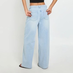 Jean en denim délavé personnalisé taille haute coupe large grande taille pour femme, longueur intégrale, style décontracté, en coton avec cordon de serrage - Product Image 2