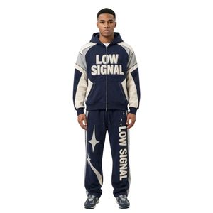 Survêtement personnalisé pour homme, épais et chaud, en molleton de coton avec impression en relief, à manches étoilées, comprenant un sweat à capuche et un pantalon de survêtement, Noir et Violet, style streetwear - Product Image 5