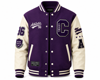 Jaket Varsity Ungu Unisex Kancing Depan dengan Patch Huruf C Bordir Gaya Streetwear Regular Fit Kerah V-neck Pakaian Musim Dingin