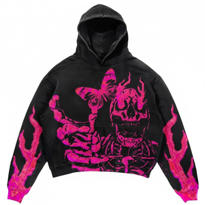Sudadera con capucha de streetwear personalizada Up Felt para hombre, con gráfico de esqueleto y mariposa en rosa, de forro polar negro grueso y mangas con efecto llama. - Product Image 1