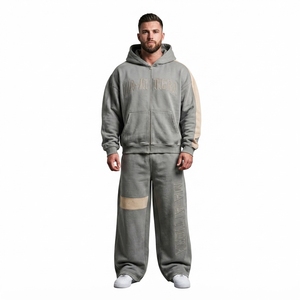 Conjunto de chándal de dos piezas para hombre, estilo vintage, con sudadera con cremallera y pantalones de chándal de pierna ancha, con bloques de color, al por mayor - Product Image 1
