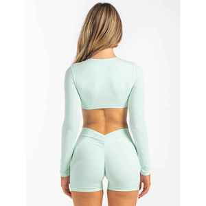 Mint <b>Green</b> Knitted Lightweight Four-Way Stretch Breathable <b>Crop</b> <b>Top</b> Cut Design Short Sleeve Turtleneck Skinny Fit Women's - Product Image 4