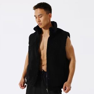 Gilet en polaire sherpa pour homme adulte, col montant, fermeture éclair, sans manches, décontracté, noir uni, pour les voyages en plein air - Product Image 6