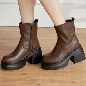 Bottes à plateforme en cuir véritable marron pour femme Ann'S, avec fermeture éclair, talon épais et doublure rembourrée, mode hiver, vente en gros - Product Image 6