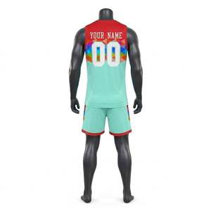 ชุดเสื้อและกางเกงบาสเก็ตบอลสีเขียวมิ้นท์แดงสำหรับผู้ชาย ลายเรขาคณิต ระบายอากาศได้ดี - Product Image 2