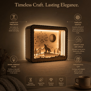 Premium Wooden Wolf LED Night Light Lamp | Laser Cut 3D Shadow Box <b>Table</b> Lamp for Bedroom Living Room Office Home Decoration - Product Image 2