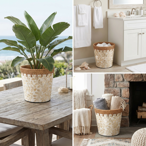 Maceta de Ratán con Incrustaciones de Madreperla, Cesta Decorativa de Mosaico de Conchas, Maceta y Organizador de Fibra de Lujo - Product Image 4