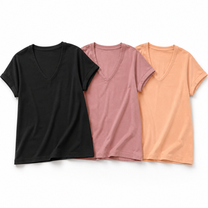 Camiseta de Mujer con Cuello en V, 100% Algodón, Sólida, Transpirable, Ecológica, Manga Corta Enrollada, Tejido de Punto, Corte Regular, Ropa Casual de Verano - Product Image 6