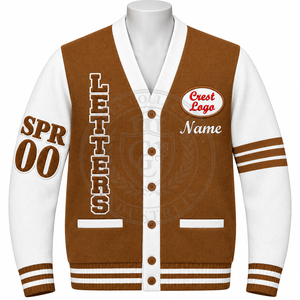 Custom Embroidered <b>Brown</b> White Letterman <b>Cardigan</b> Women's V-Neck Knitted Sweater Full Sleeve Classic Style With Name And Logo - Product Image 1