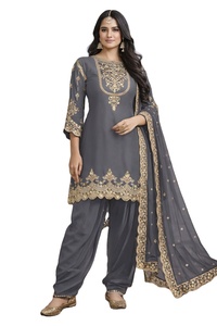 ชุดส่าหรีผู้หญิงความยาวระดับเข่า ผ้าจอร์เจตต์ปักลายฟ็อกซ์ งานปักแบบอินเดีย ชุดปากีสถาน สำหรับงานเทศกาล ชุดดีไซน์เนอร์แบบดั้งเดิม - Product Image 2