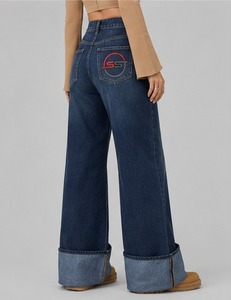 Pantalon en jean pour femme, taille haute, multi-poches, coupe ample, style streetwear décontracté, jambe large - Product Image 3